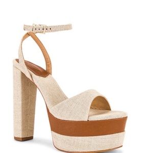 SCHUTZ Natural Linen and Tan Platform Ankle-Strap Heels